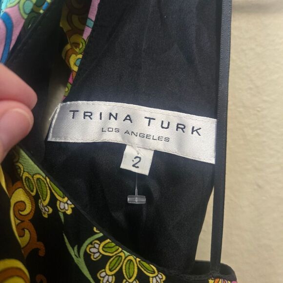 TRINA TURK Ibis Silk Scarf Halter Sheath Dress Black Vibrant Multicolor Size 2 - Picture 5 of 16